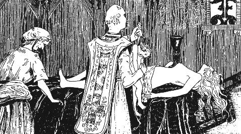Depiction of poison victim lying on bed