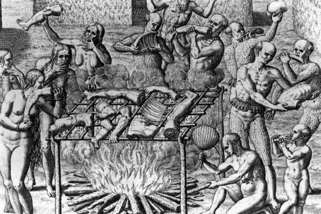 black and white drawing of people being cooked and eaten with cannibals around them