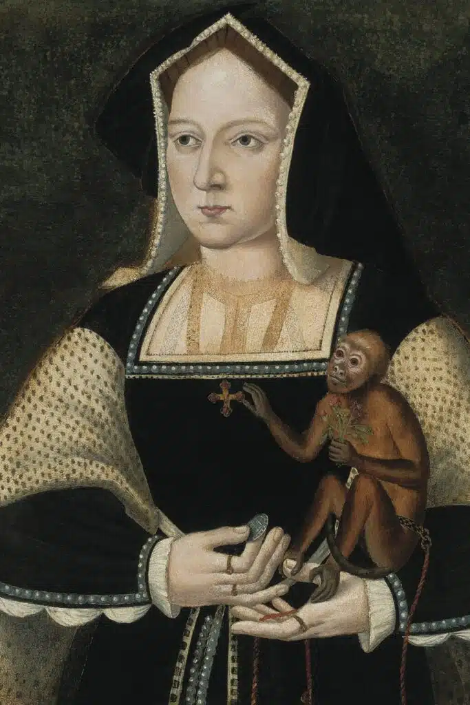 portrait of catherine of aragon holding a monkey