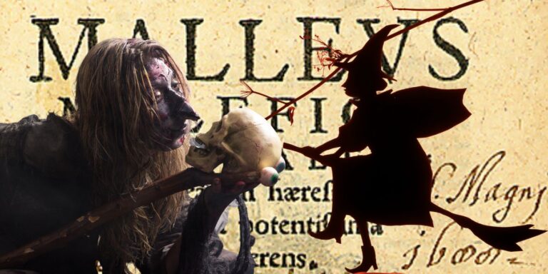 text of malleus maleficarum overlaid with 2 images of stereotypical witches