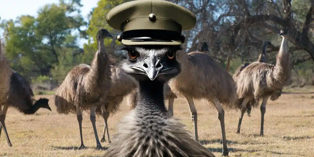 Emu stock image with emu at front wearing army hat