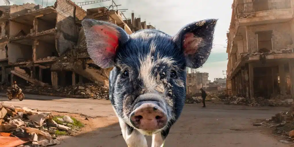 cute pig staring straight at camera on a wartorn background